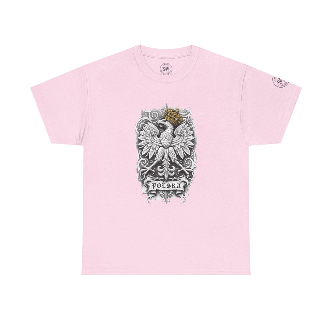 Light pink T-shirt by S&amp;W Gallus featuring a detailed Polish white eagle crest design on the front.