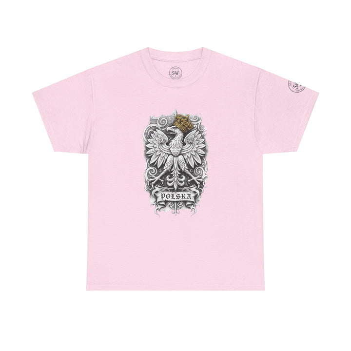 Light pink T-shirt by S&amp;W Gallus featuring a detailed Polish white eagle crest design on the front.