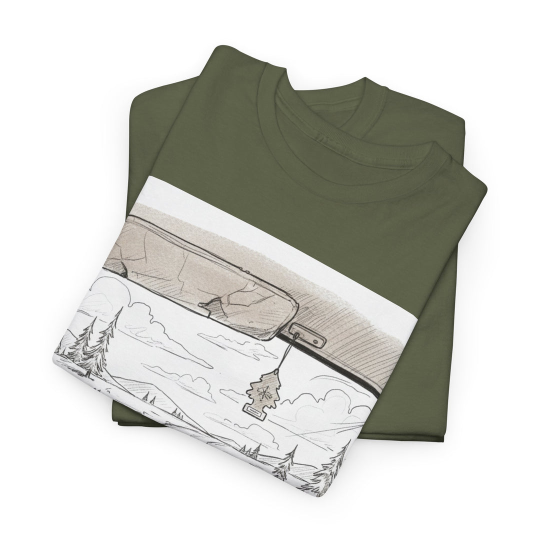 Scenic Drive Van Illustration Tee – soft cotton with a detailed van and landscape design. Perfect for road trips, outdoor adventures, and casual wear.