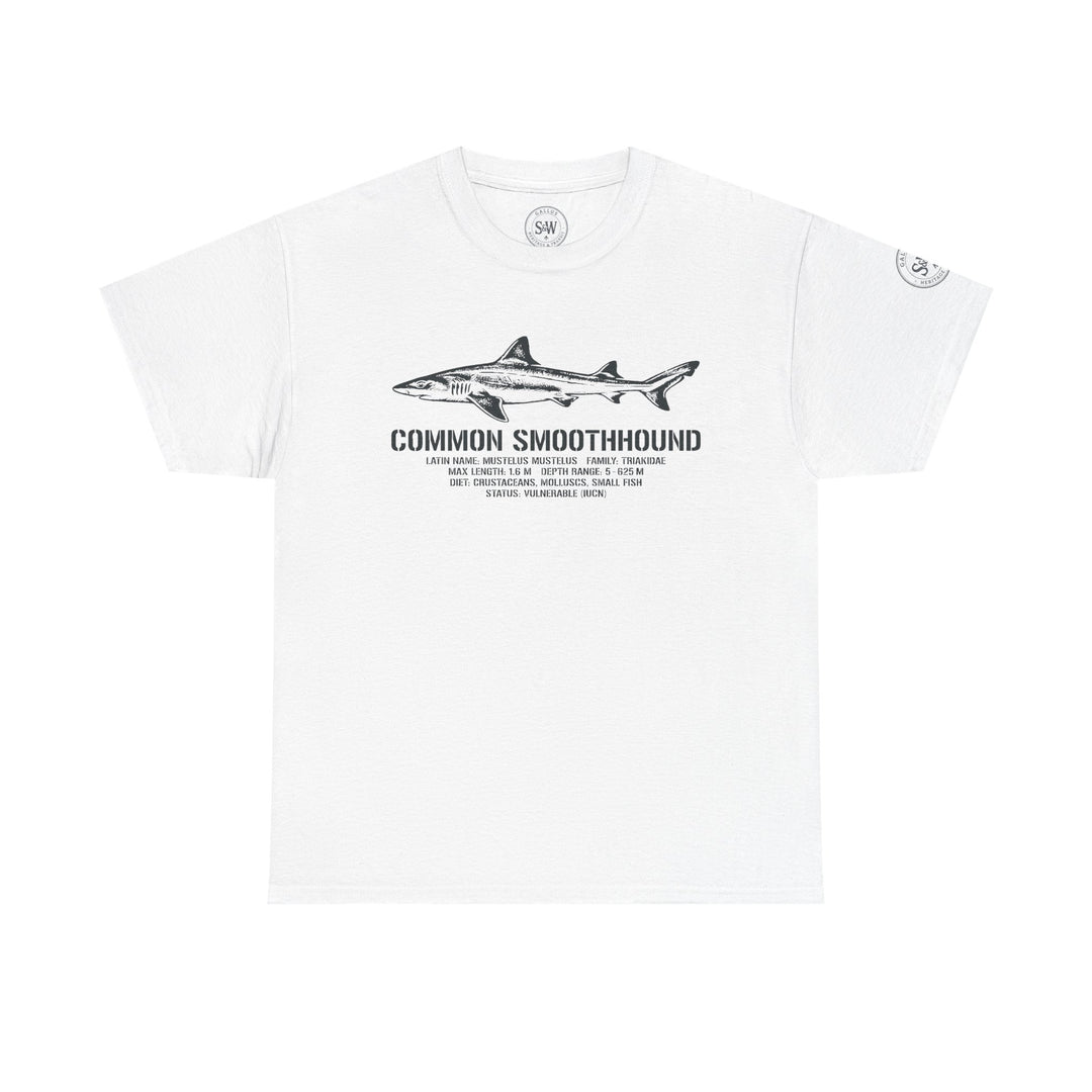 White graphic T-shirt by S&amp;W Gallus, featuring a Common Smoothhound shark illustration and species information.