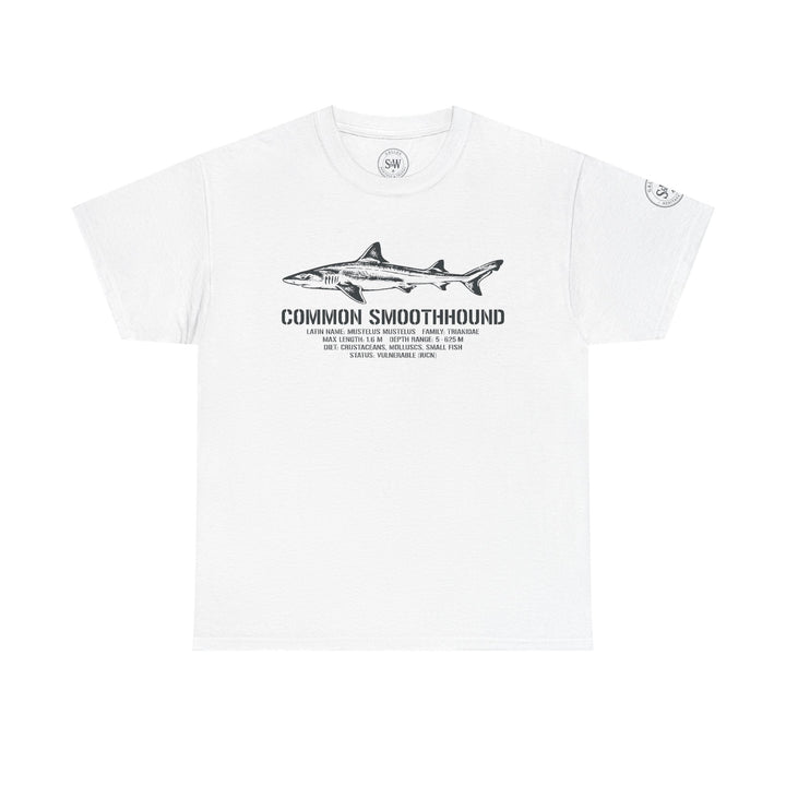 White graphic T-shirt by S&amp;W Gallus, featuring a Common Smoothhound shark illustration and species information.