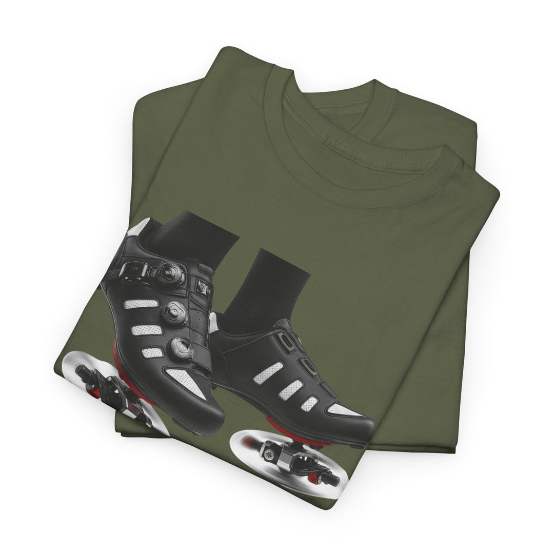Spin Shoes Tee – soft, breathable cotton featuring a cycling shoes graphic. Perfect for spin classes, indoor workouts, and casual activewear.