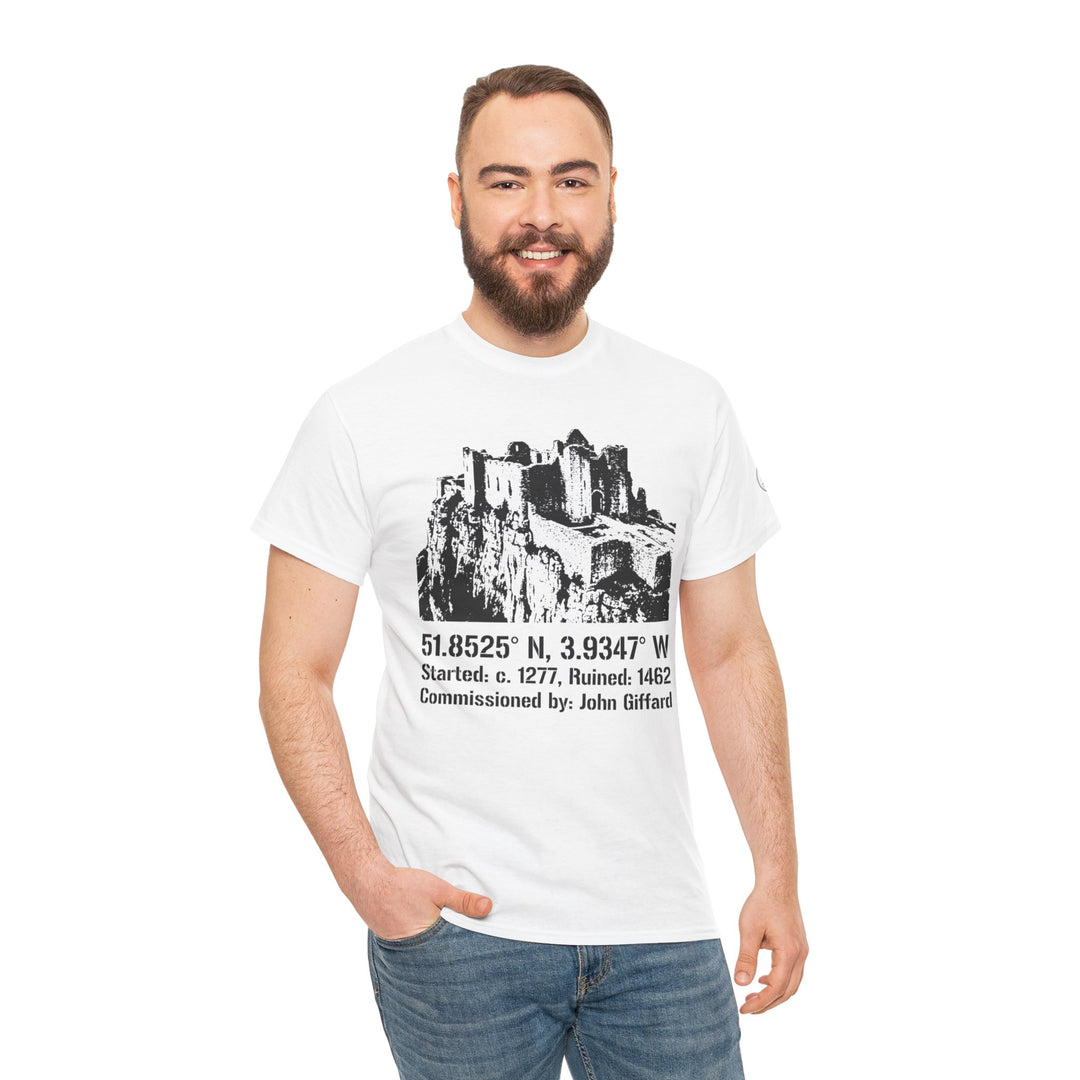White Carreg Cennen Castle T-shirt by S&amp;W Gallus, featuring a black and white castle graphic and coordinates, worn with jeans.