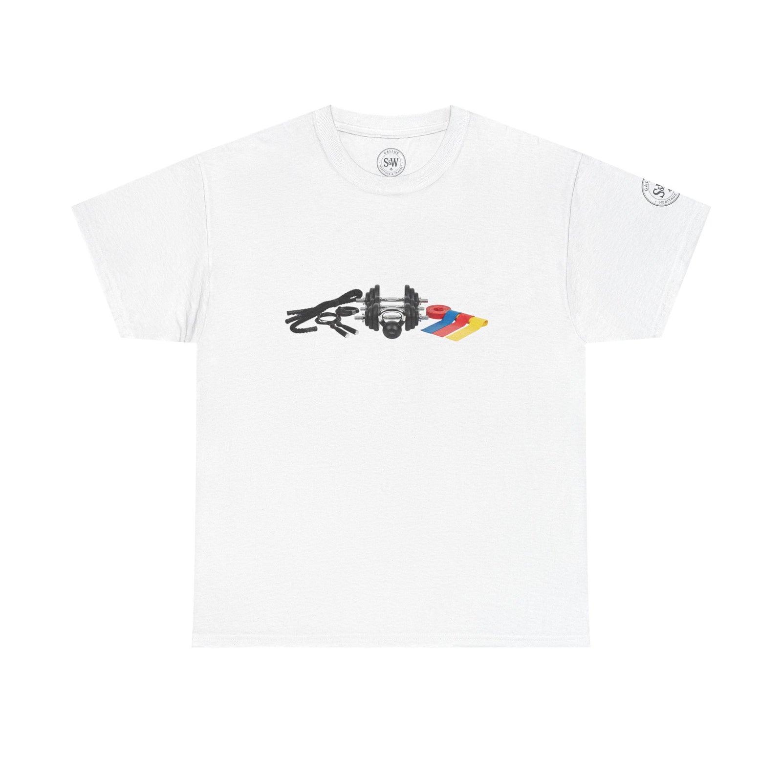 White Circuit set-up tee by S&W Gallus featuring dumbbells, resistance bands, and a skipping rope graphic.