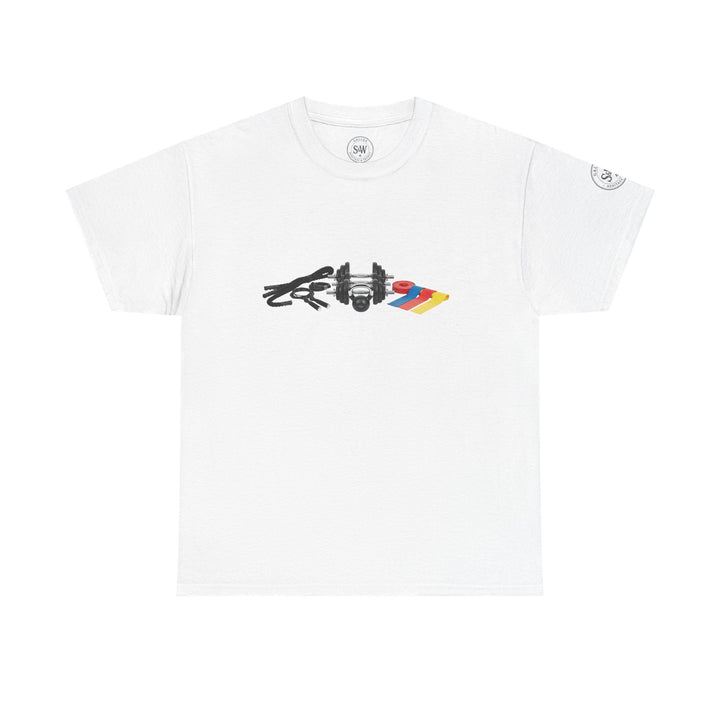 White Circuit set-up tee by S&amp;W Gallus featuring dumbbells, resistance bands, and a skipping rope graphic.