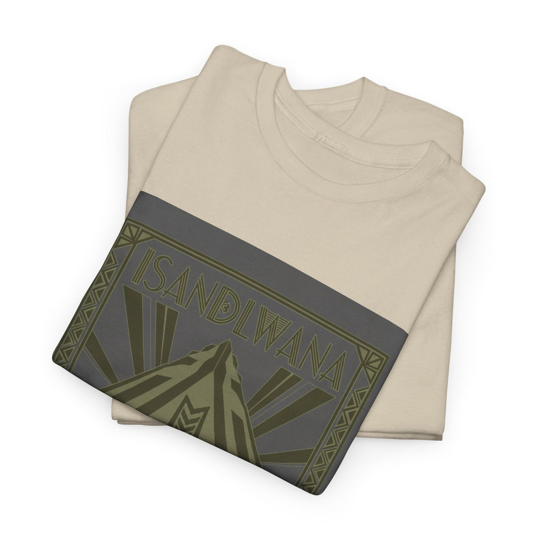 Isandlwana Festival Tee featuring bold “M” pyramid graphic. Outdoor music shirt inspired by iconic landscape vibes.