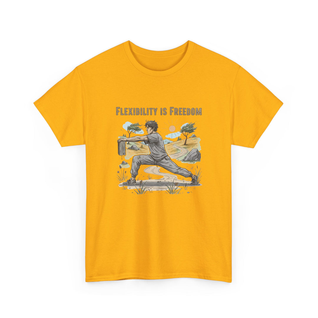 Flexibility Is Freedom Tee – soft, breathable cotton featuring a motivational design. Perfect for yoga, Pilates, stretching, or casual active lifestyle wear.