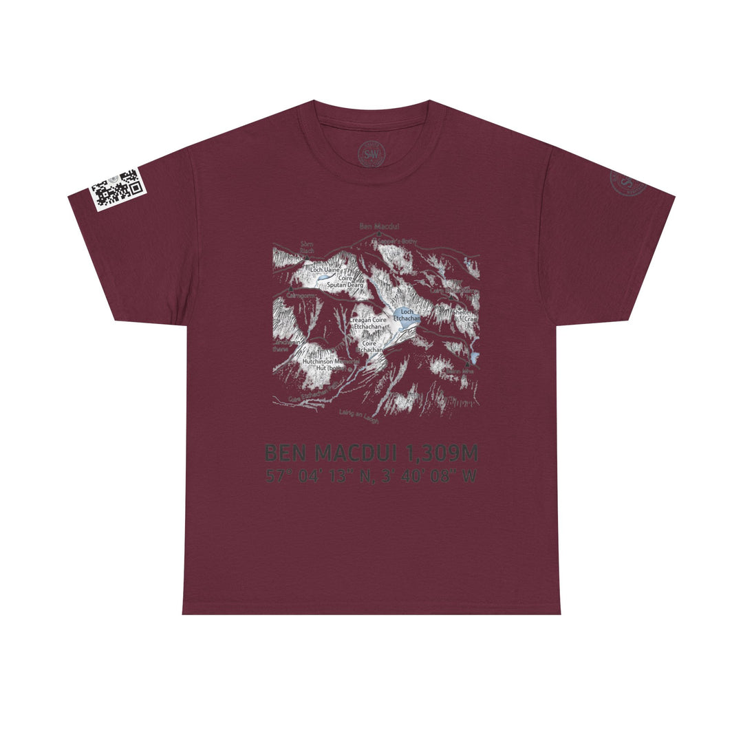 Maroon t-shirt by S&amp;W Gallus with Ben Macdui map graphic and QR code on the sleeve.
