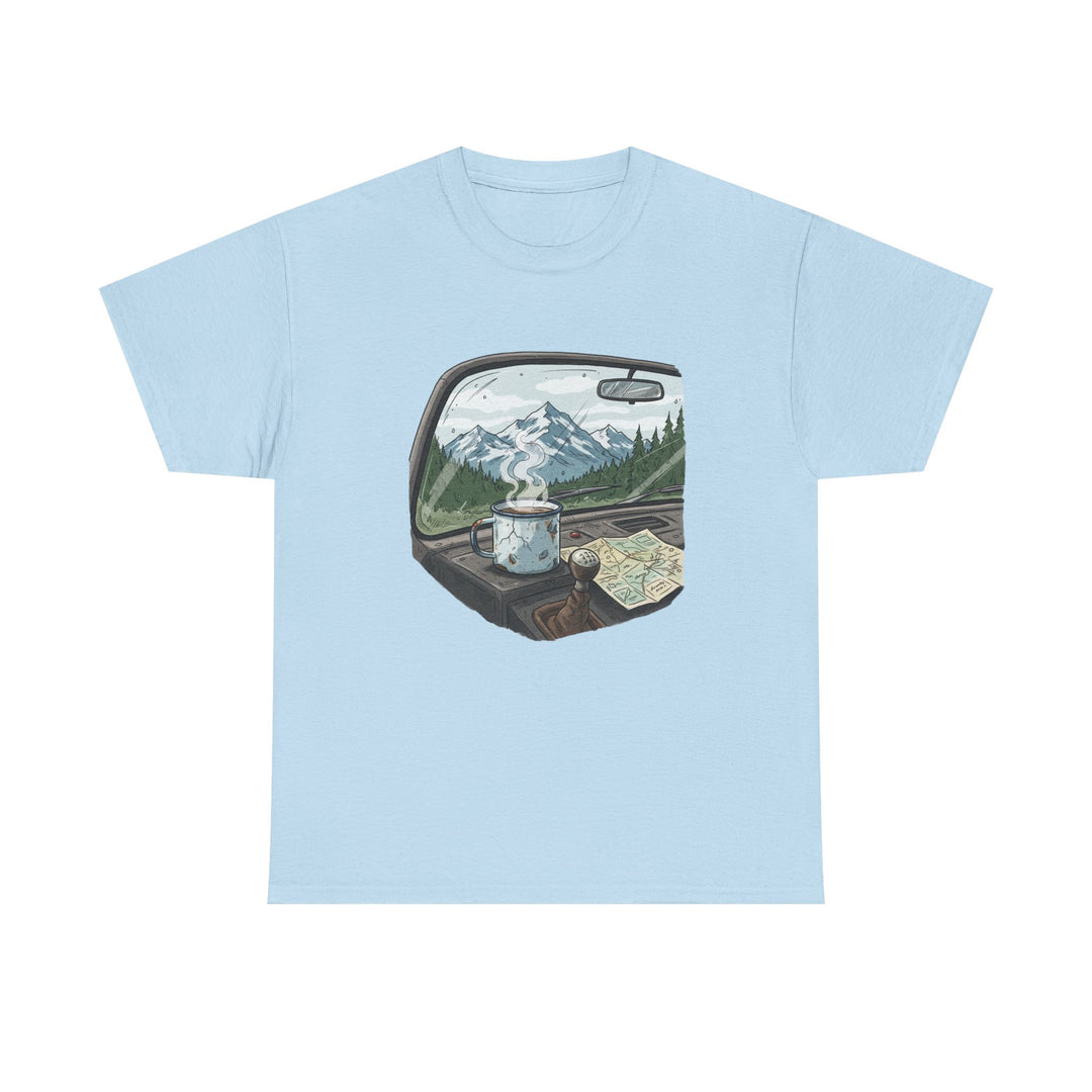 Van Roadtrip View T-Shirt featuring a scenic travel-inspired design. Soft cotton comfort perfect for van life, road trips, and outdoor adventures.