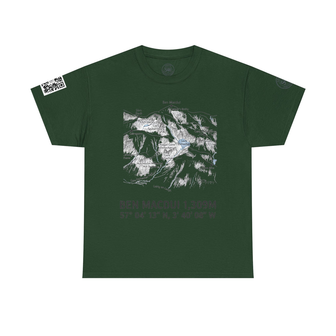 Green Ben Macdui T-shirt by S&amp;W Gallus with a mountain topographical map and a QR code on the sleeve.