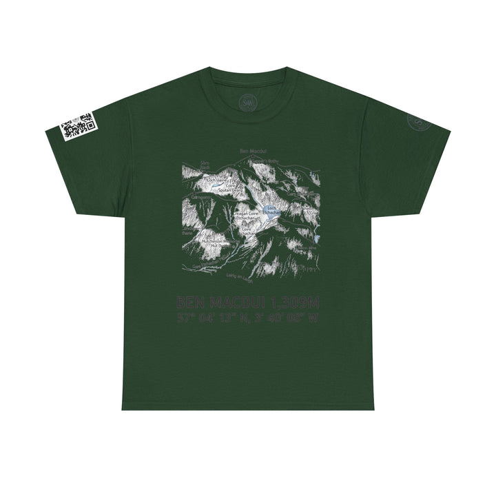 Green Ben Macdui T-shirt by S&amp;W Gallus with a mountain topographical map and a QR code on the sleeve.