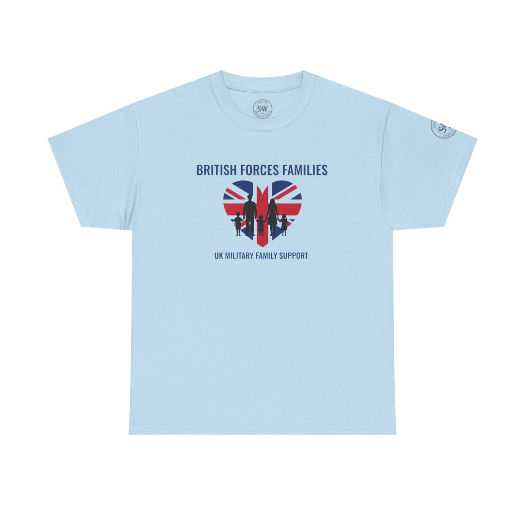Light blue t-shirt by S&amp;W Gallus featuring a Union Jack heart graphic with a family silhouette, promoting UK military family support.