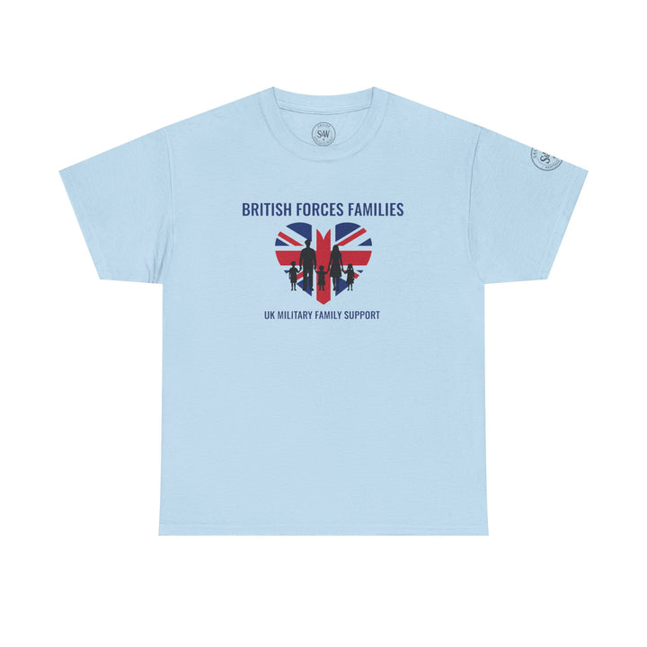 Light blue t-shirt by S&amp;W Gallus featuring a Union Jack heart graphic with a family silhouette, promoting UK military family support.