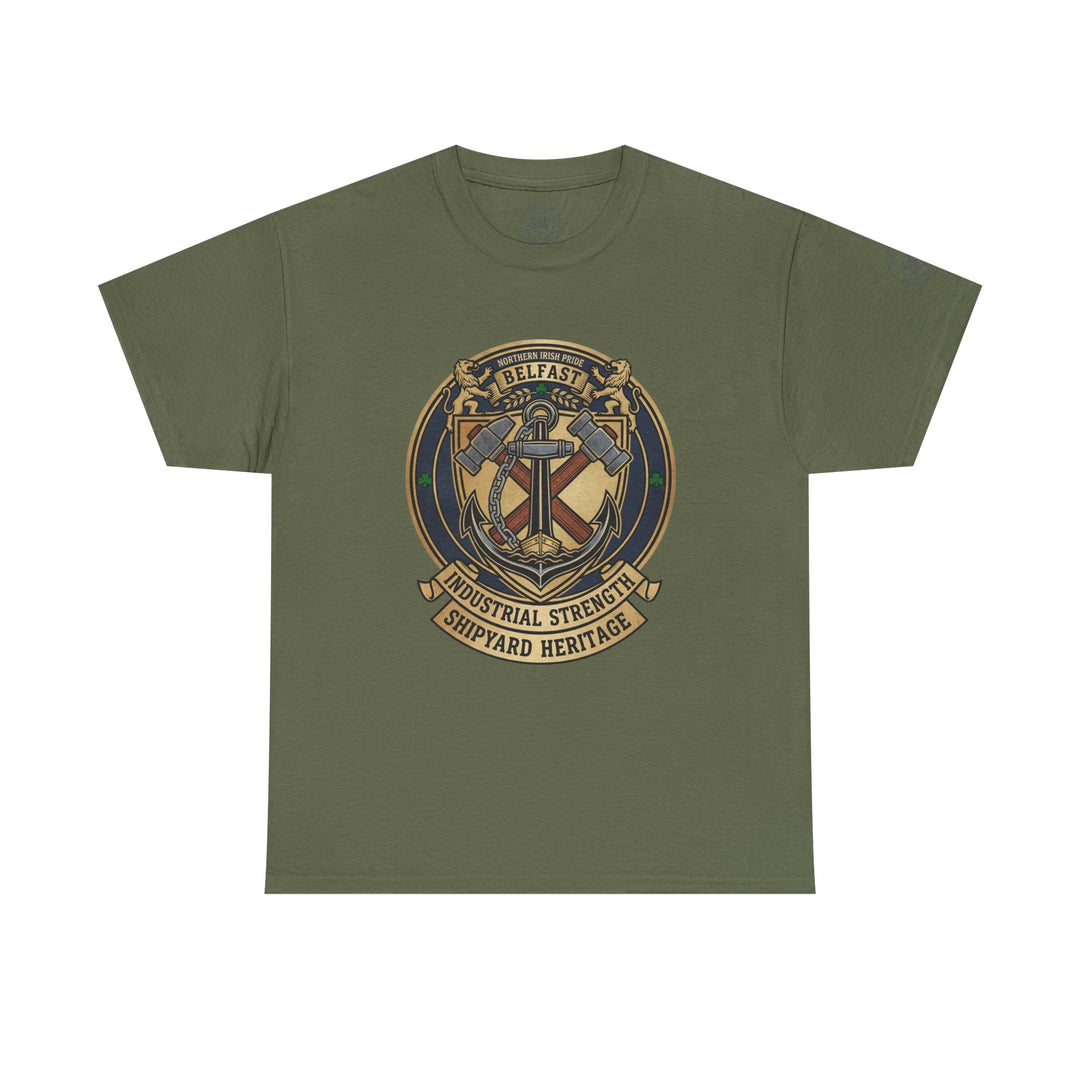 Olive green t-shirt by S&amp;W Gallus featuring a Belfast shipyard heritage design on the chest.
