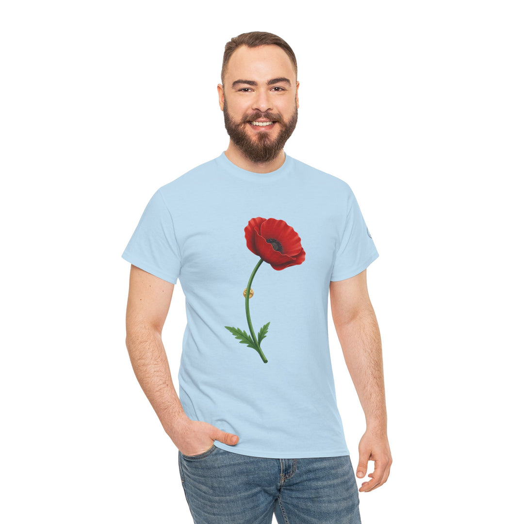Light blue t-shirt by S&amp;W Gallus featuring a red poppy, worn with blue jeans.