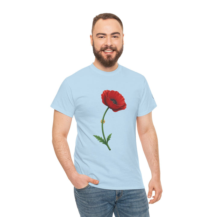 Light blue t-shirt by S&amp;W Gallus featuring a red poppy, worn with blue jeans.
