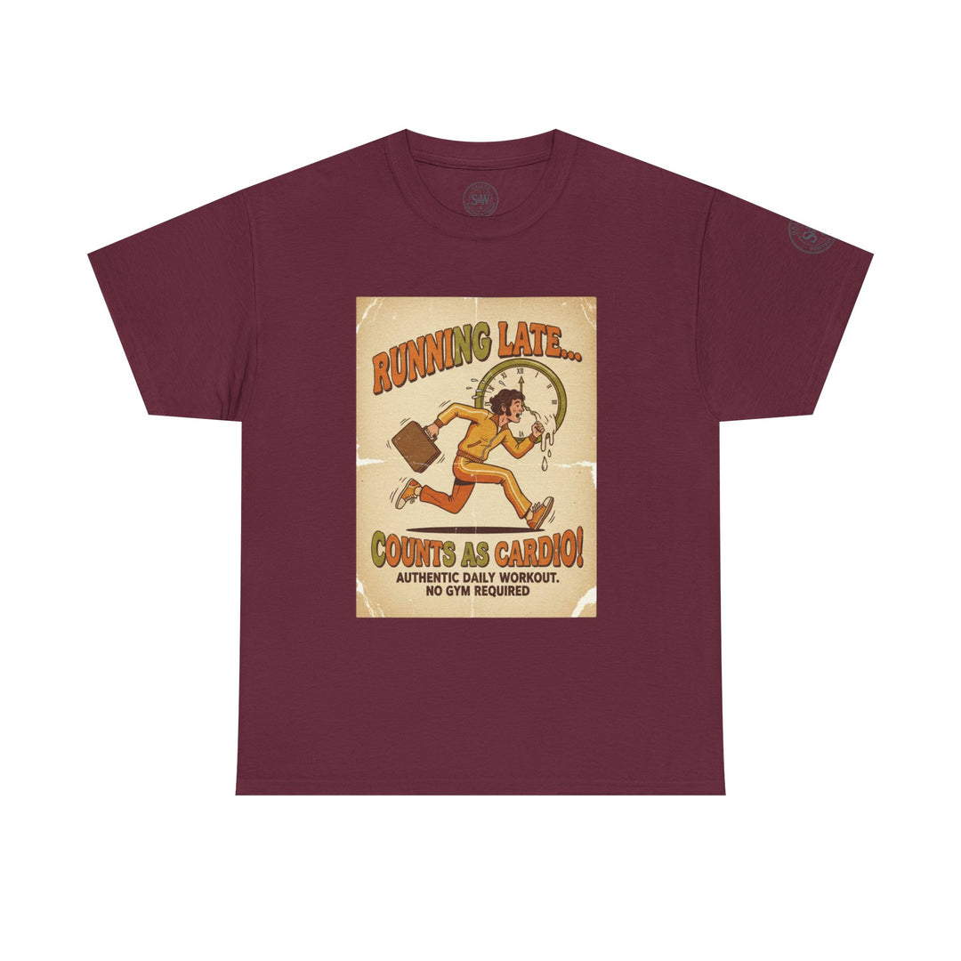 Maroon t-shirt by S&amp;W Gallus with a humorous graphic of a person running late in retro style.
