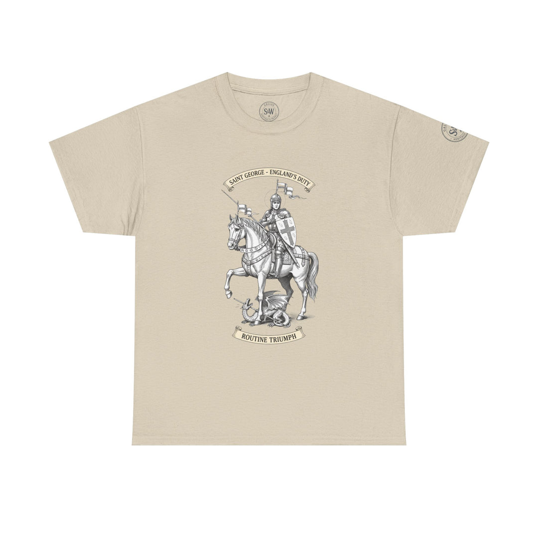 Beige t-shirt by S&amp;W Gallus, featuring a Saint George and the dragon illustration with banner text details.
