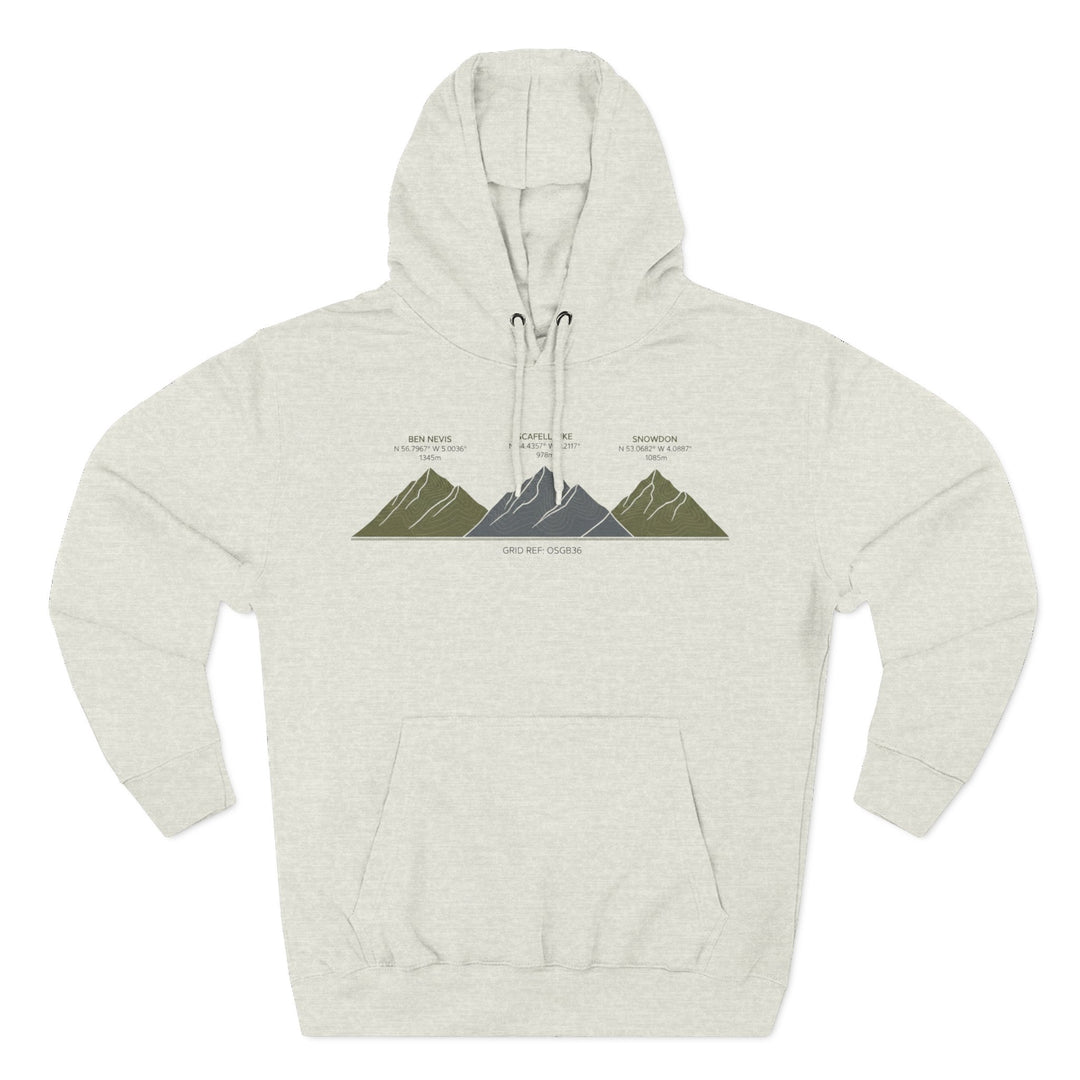 Three Peaks Challenge Graphic Hoodie — Retro UK Mountain Heritage Pullover