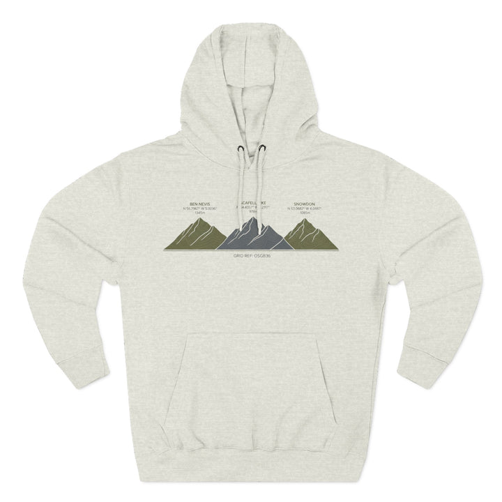 Three Peaks Challenge Graphic Hoodie — Retro UK Mountain Heritage Pullover