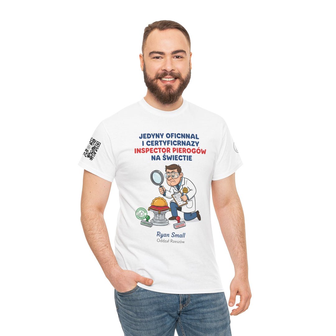 "Jedyny Oficjalny i Certyfikowany Inspector Pierogów na Świecie" Polish Pierogi Lover T-shirt by S&amp;W Gallus, featuring a cartoon inspector design.