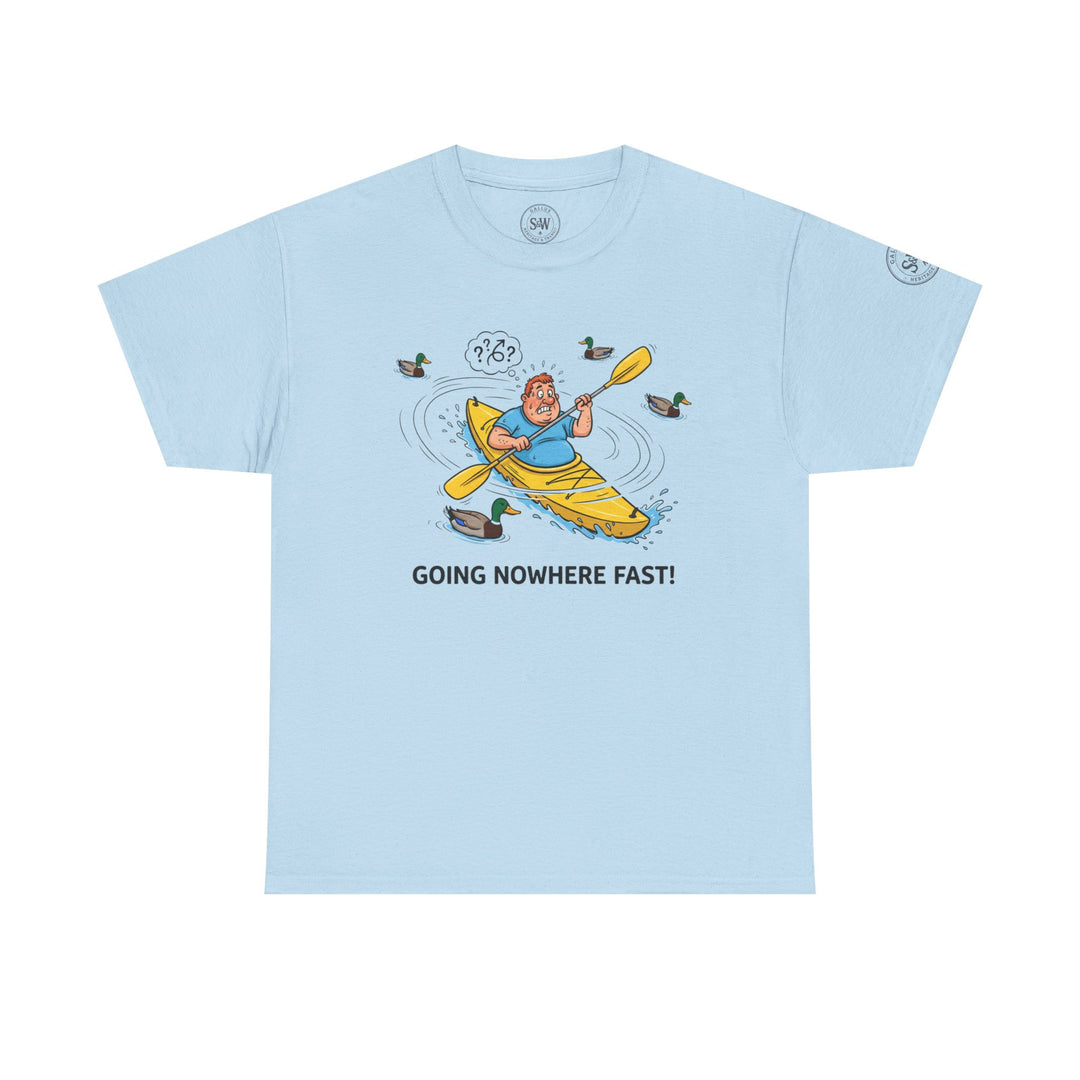 Light blue Kayak Nowhere Fast T-shirt by S&amp;W Gallus, featuring a cartoon kayaker and ducks graphic with printed text.