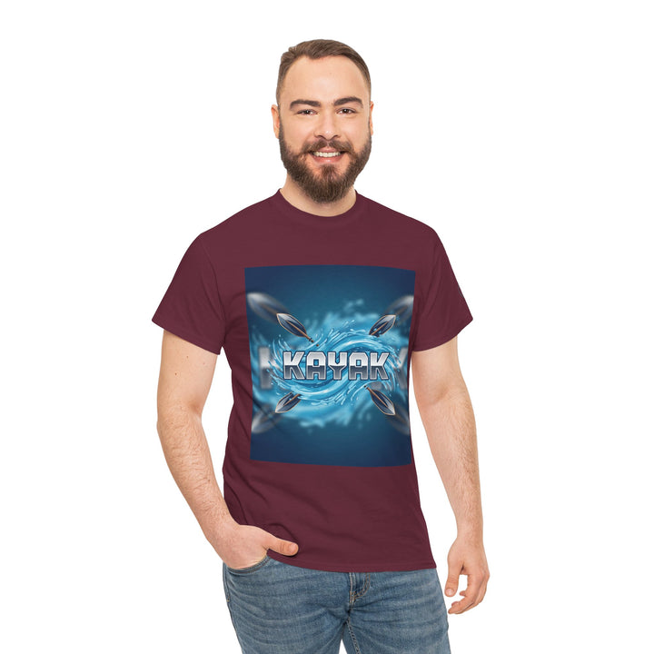 Burgundy Kayak graphic tee by S&amp;W Gallus featuring a centered kayak design, styled with jeans.