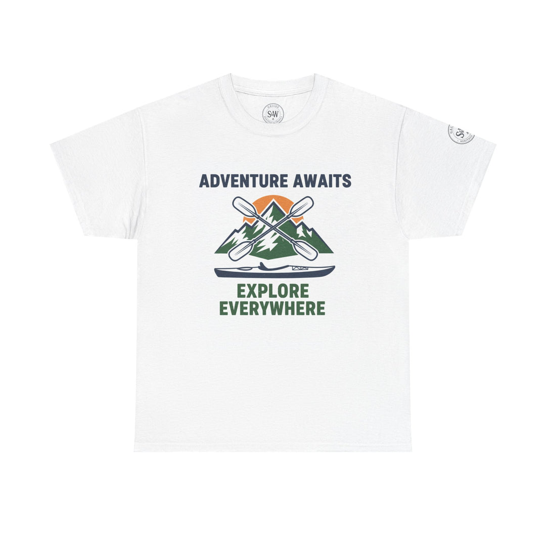 White adventure-themed T-shirt by S&amp;W Gallus, featuring a kayak, mountains, and paddles graphic with inspiring text.