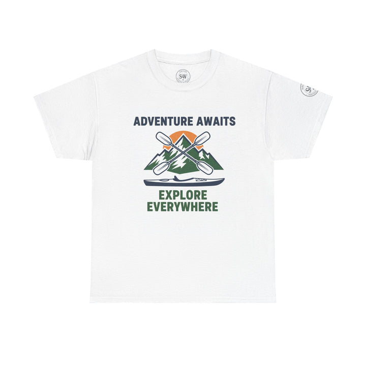 White adventure-themed T-shirt by S&amp;W Gallus, featuring a kayak, mountains, and paddles graphic with inspiring text.