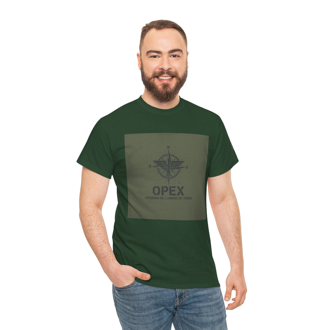 Green OPEX t-shirt by S&amp;W Gallus with a compass graphic and "veteran de l&