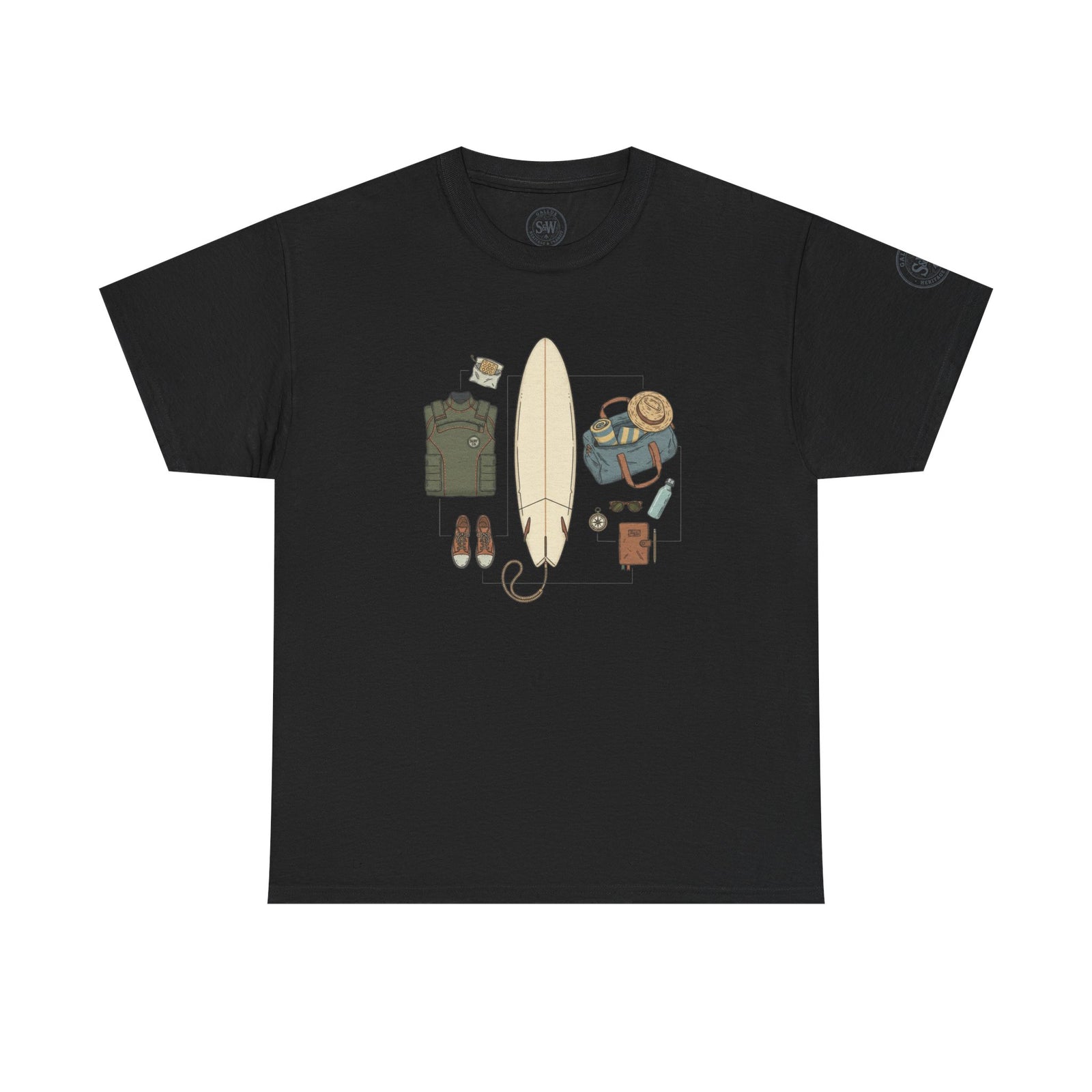 Black t-shirt with surf trip gear graphic by S&W Gallus, featuring clothing, accessories, and a surfboard.