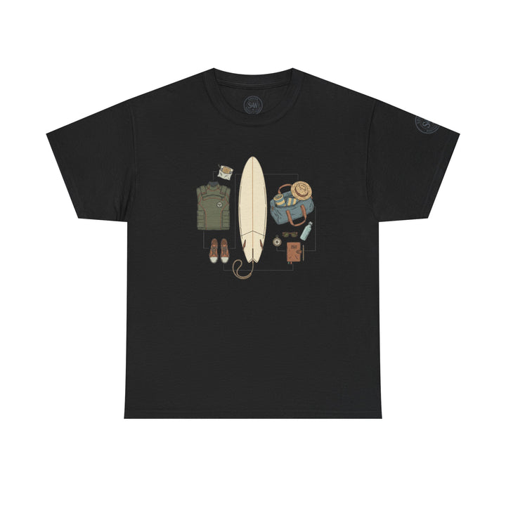 Black t-shirt with surf trip gear graphic by S&amp;W Gallus, featuring clothing, accessories, and a surfboard.