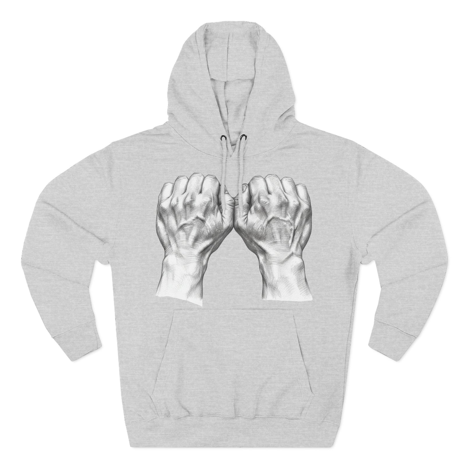 Gray hoodie by S&W Gallus featuring a drawing of two hands interlocked at the pinky fingers.