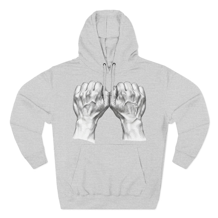 Gray hoodie by S&amp;W Gallus featuring a drawing of two hands interlocked at the pinky fingers.