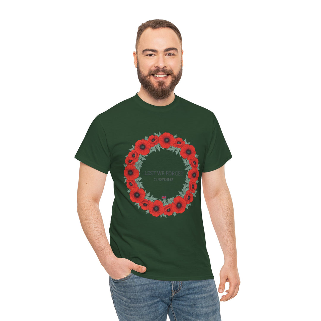 Dark green "Lest We Forget" t-shirt by S&amp;W Gallus, featuring a poppy wreath and styled with casual blue jeans.
