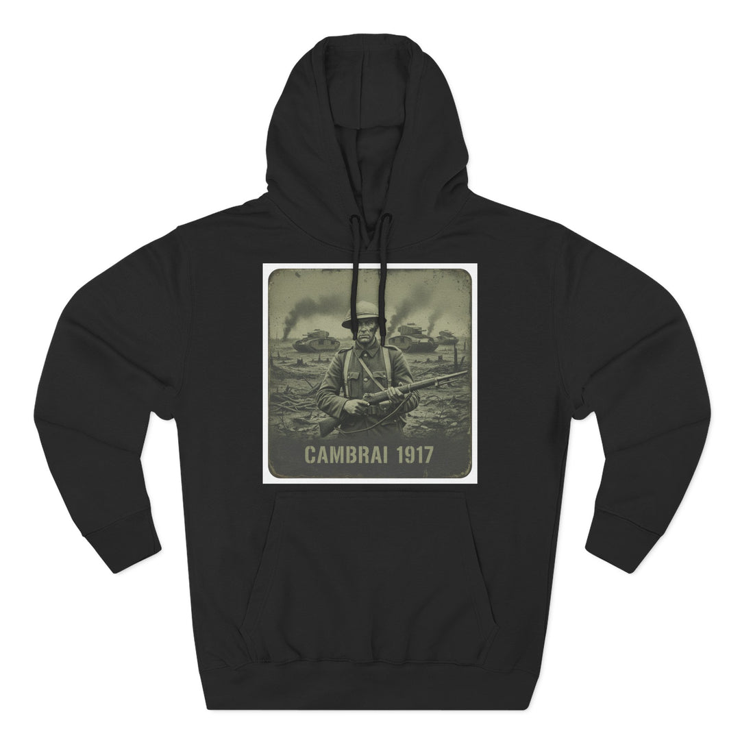 Black hoodie by S&amp;W Gallus featuring a military graphic with a soldier, tanks, smoke and the text "Cambrai 1917" on the front.