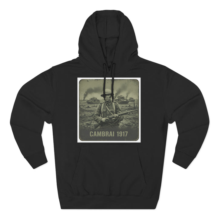 Black hoodie by S&amp;W Gallus featuring a military graphic with a soldier, tanks, smoke and the text "Cambrai 1917" on the front.