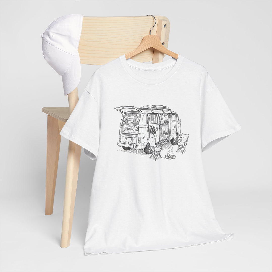 Open Van Sketch T-Shirt featuring a detailed van illustration. Soft, breathable cotton with a relaxed fit for everyday casual style.