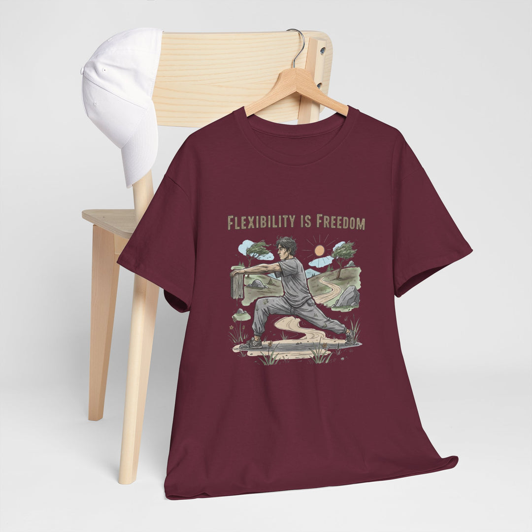 Flexibility Is Freedom Tee – soft, breathable cotton featuring a motivational design. Perfect for yoga, Pilates, stretching, or casual active lifestyle wear.