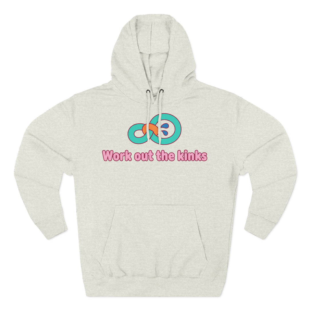 Heather grey hoodie by S&amp;W Gallus with the phrase "Work out the kinks" and an infinity symbol.