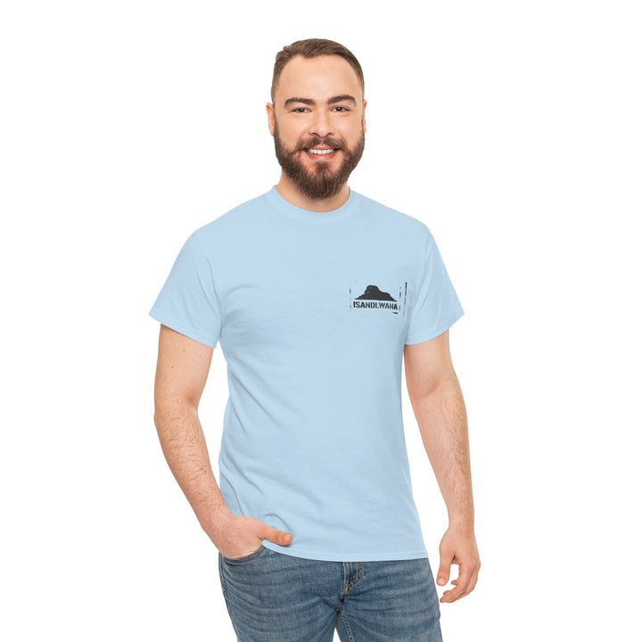 Minimal Rorke’s Drift landscape tee with “Isandlwana Over My Heart” design. Subtle Anglo-Zulu War tribute for true history enthusiasts.
