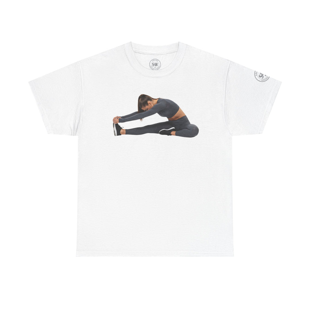 White t-shirt by S&amp;W Gallus with a woman stretching printed on the front.