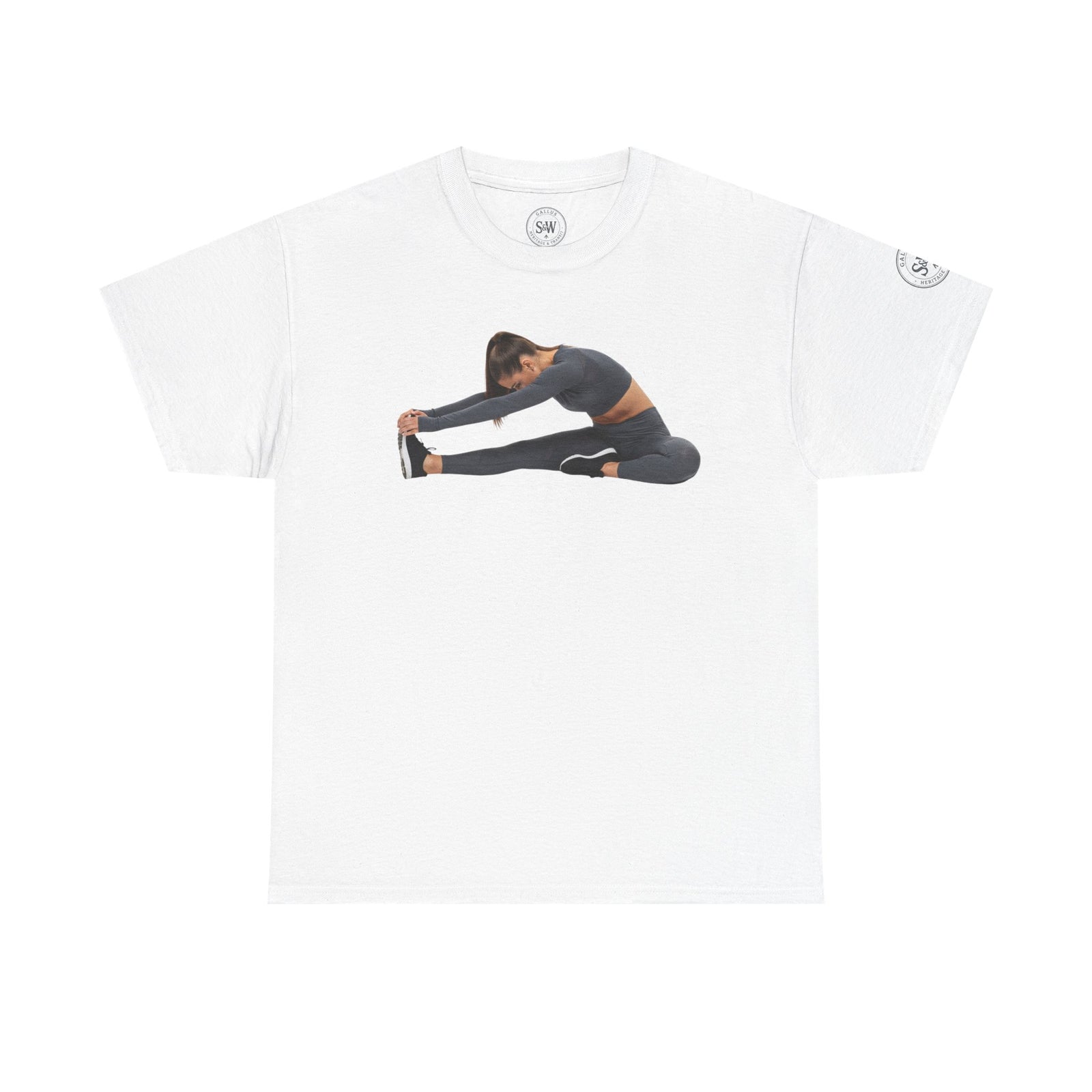 White t-shirt by S&W Gallus with a woman stretching printed on the front.