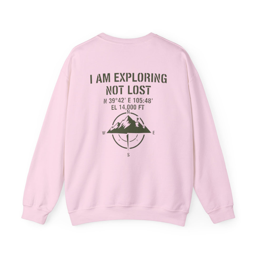 Exploring Not Lost Crewneck Sweatshirt — Mountain Compass Adventure Graphic