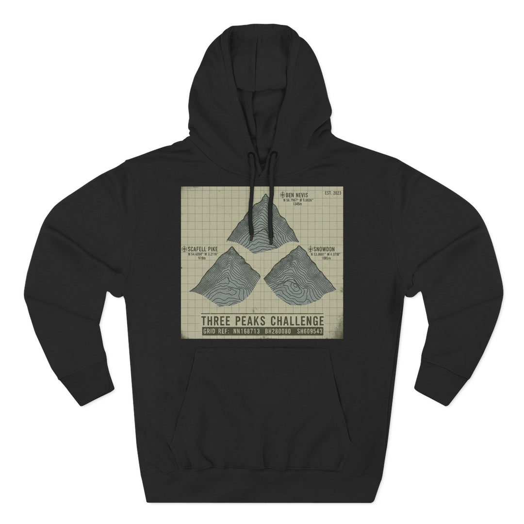 Three Peaks Challenge Graphic Hoodie — Retro UK Mountain Summit Pullover