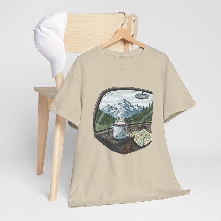 Van Roadtrip View T-Shirt featuring a scenic travel-inspired design. Soft cotton comfort perfect for van life, road trips, and outdoor adventures.