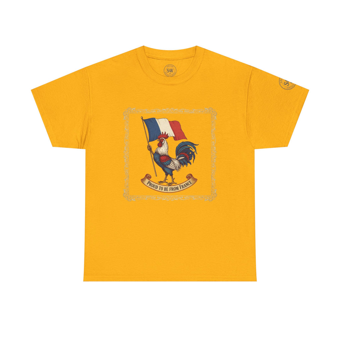 Mustard yellow t-shirt by S&amp;W Gallus with a printed rooster holding the French flag and text, "Proud to be from France."