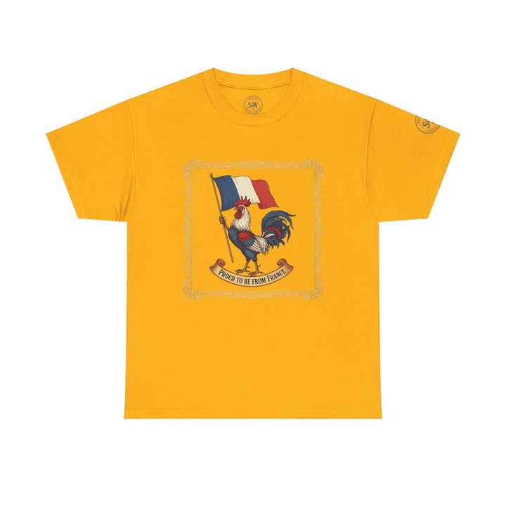 Mustard yellow t-shirt by S&amp;W Gallus with a printed rooster holding the French flag and text, "Proud to be from France."