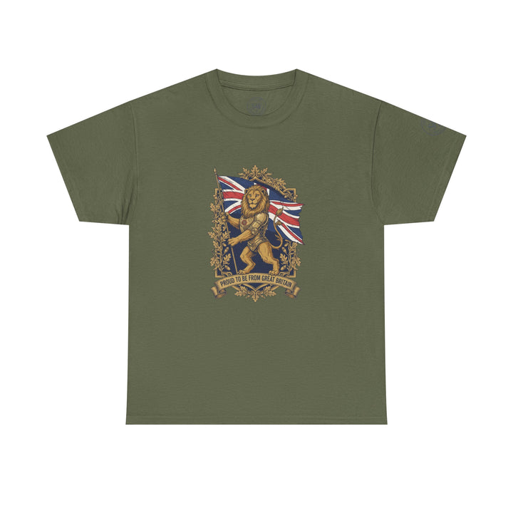 Olive green t-shirt by S&amp;W Gallus with a lion crest graphic and "Proud to be from Great Britain" banner.