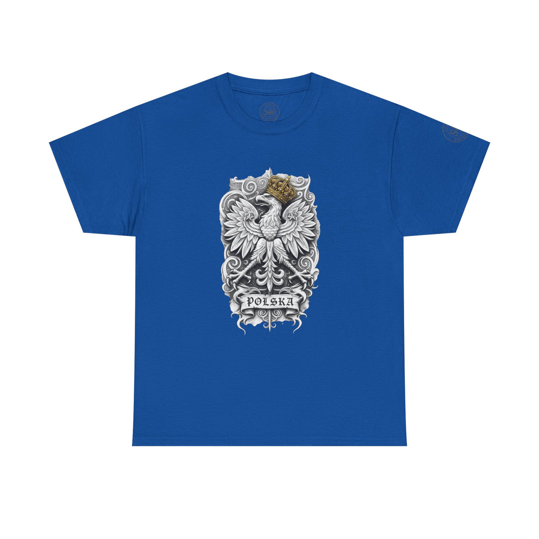 Blue t-shirt by S&amp;W Gallus featuring the Polish White Eagle emblem with golden crown and "POLSKA" banner.